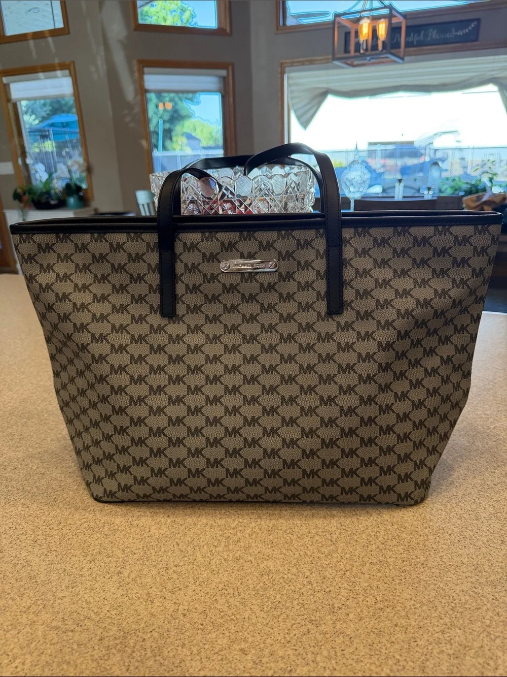 Michael Kors Black &Gray MK Logo Tote with Black Handles large